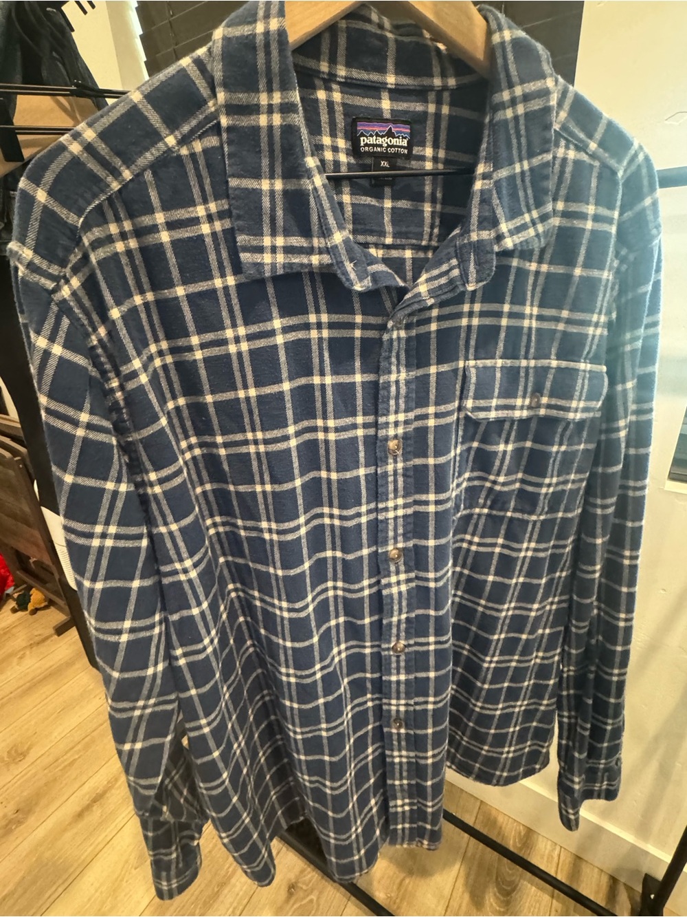 Patagonia Organic Cotton Flannel Plaid Button-Up Shirt Blue/White Men's XXL